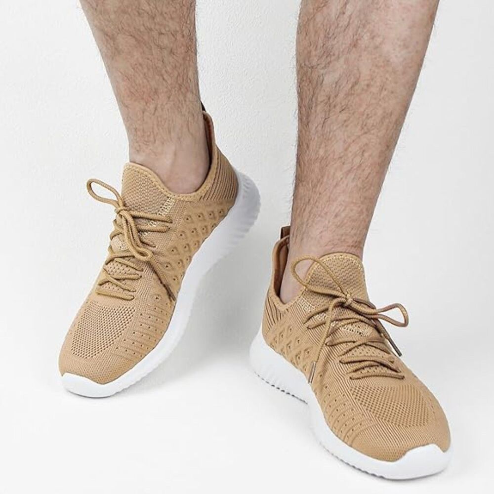 Men's Khaki Slip On Lightweight Breathable Comfortable Fashion Sneakers - Picture 2 of 5